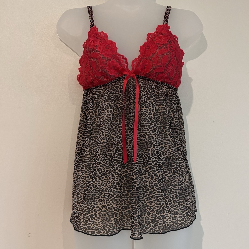 Y2K  Babydoll Cami Sz S Animal Leopard Print Red Lace Sexy Sheer Glam Mob Wife
